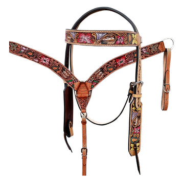HILASON Western Horse Headstall & Breast Collar Tack Set American Leather Floral Carving Tan